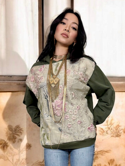 Sestra, vintage hoodie sweatshirt with embroidered silk