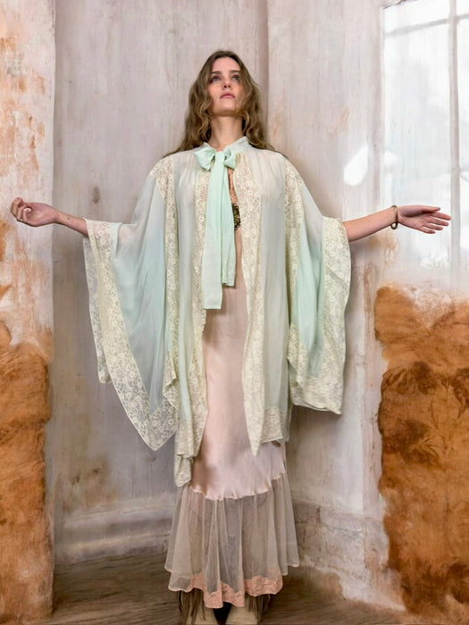 Opera, aqua silk and lace cover up robe