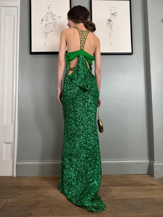 Clara, vintage green sequins dress with rhinestone collar and belt