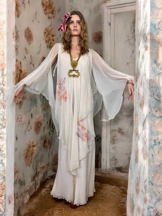 Nola, 70s pale grey floral chiffon angel sleeve dress