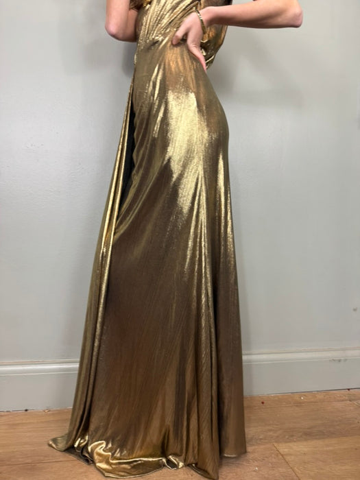 Davika, liquid gold Goddess gown