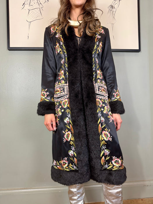 Caché, 80s embroidered silk faux fur coat