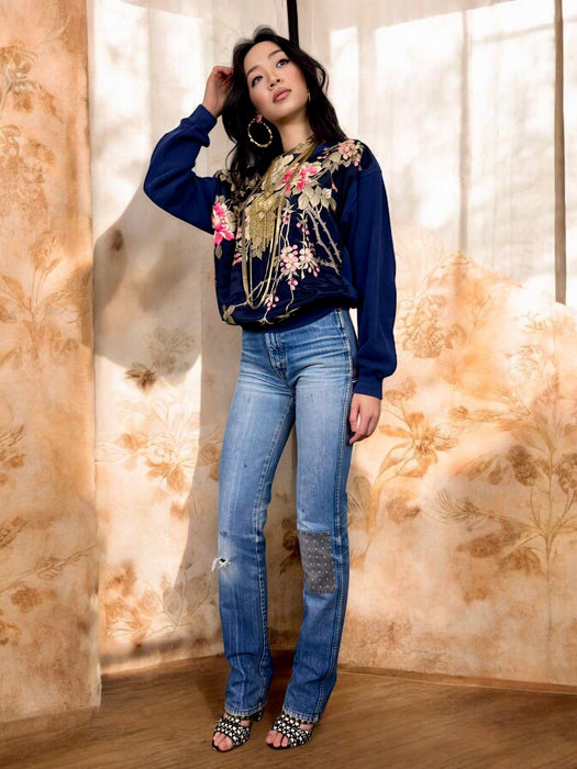 Mena, vintage sweatshirt with floral embroidery on silk