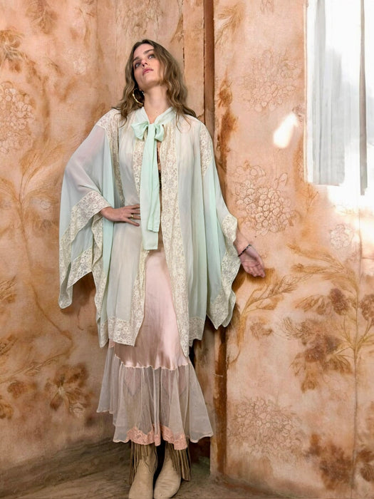 Opera, aqua silk and lace cover up robe