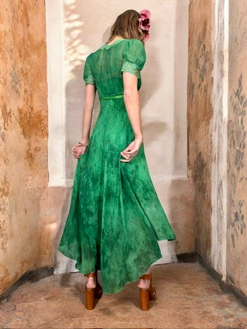 Sofia, 20s dyed emerald green silk slip dress and robe