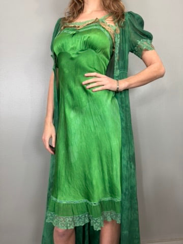 Sofia, 20s dyed emerald green silk slip dress and robe