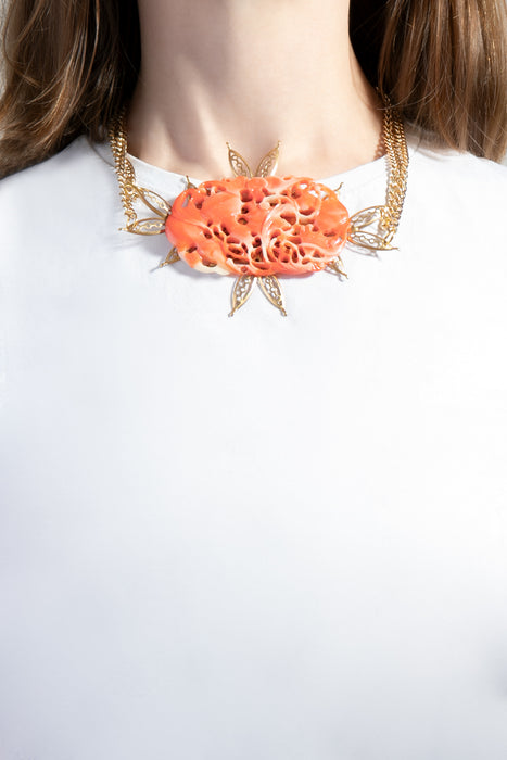 Angie, faux coral intricate pendant chain necklace