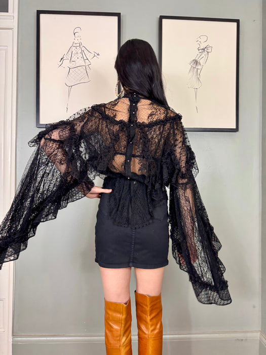 Rodarte, vintage black lace angel sleeve blouse