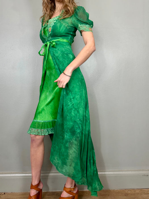 Sofia, 20s dyed emerald green silk slip dress and robe