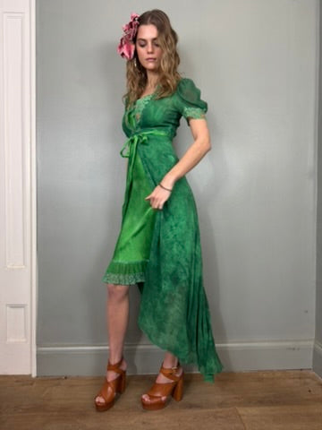 Sofia, 20s dyed emerald green silk slip dress and robe