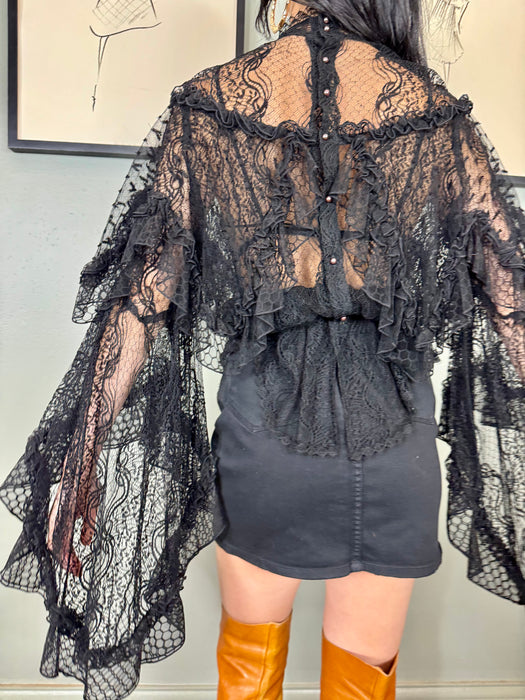 Rodarte, vintage black lace angel sleeve blouse