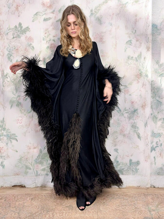 Oscar, 70s feather trim kaftan dress