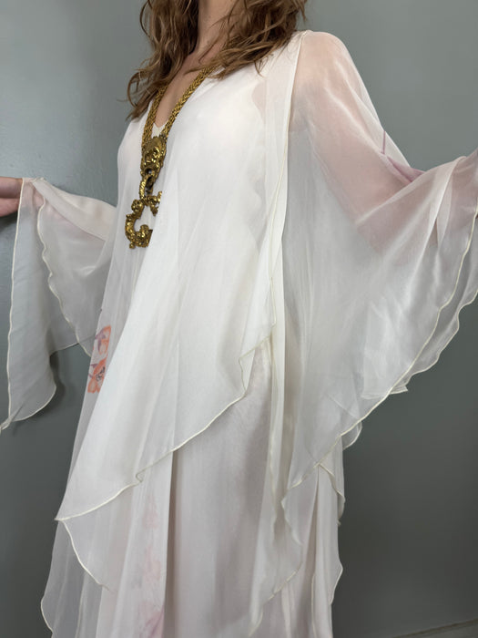 Nola, 70s pale grey floral chiffon angel sleeve dress