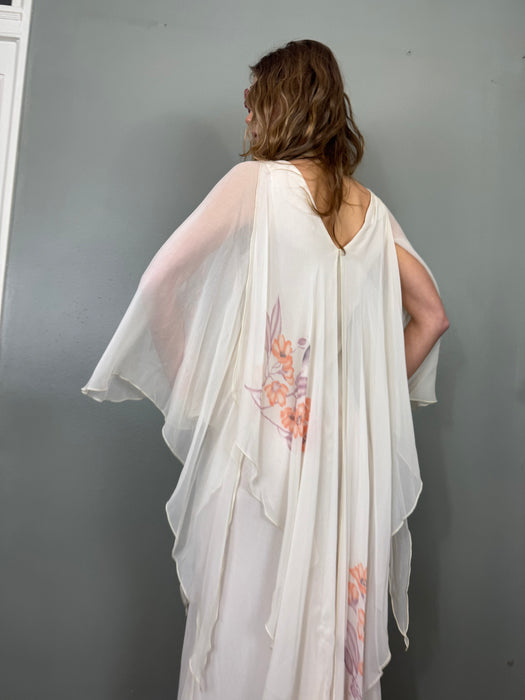 Nola, 70s pale grey floral chiffon angel sleeve dress