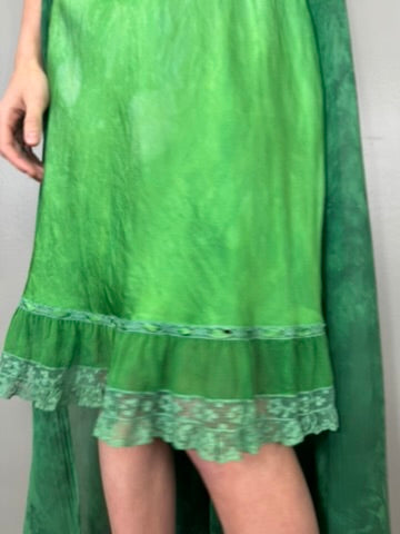 Sofia, 20s dyed emerald green silk slip dress and robe