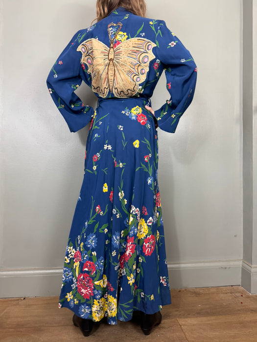 Charlie, 40s floral robe with butterfly embroidery