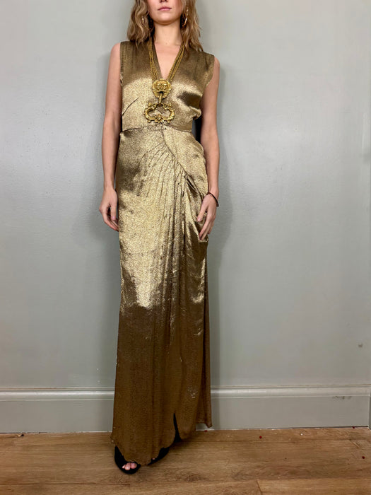 Olga, 20s gold lamé Goddess draped dress