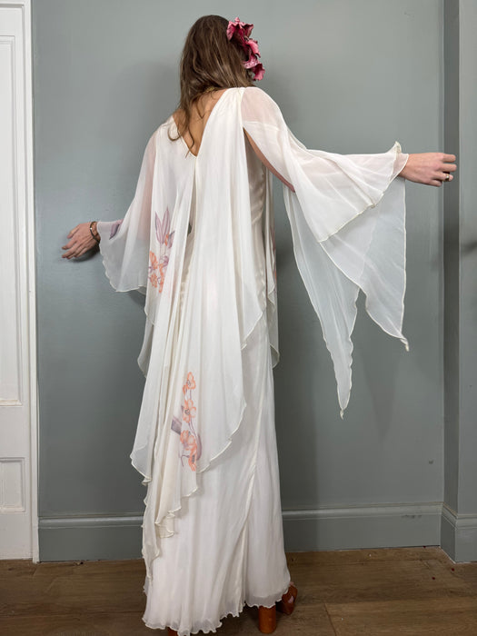 Nola, 70s pale grey floral chiffon angel sleeve dress