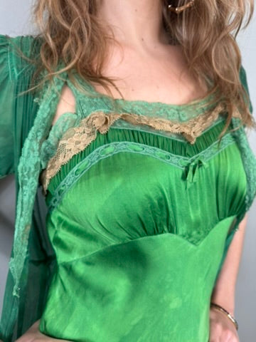 Sofia, 20s dyed emerald green silk slip dress and robe