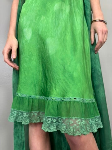 Sofia, 20s dyed emerald green silk slip dress and robe