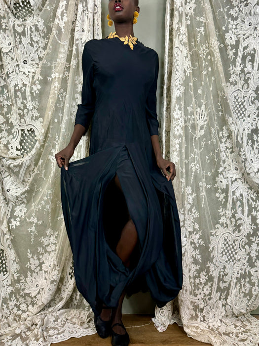 Jil Sanders, 80s black silk slit dress