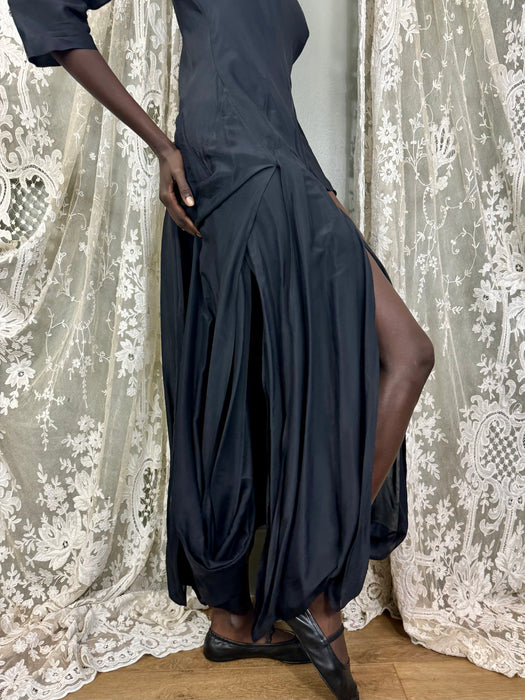 Jil Sanders, 80s black silk slit dress