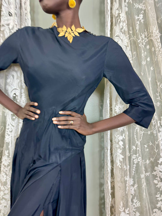 Jil Sanders, 80s black silk slit dress