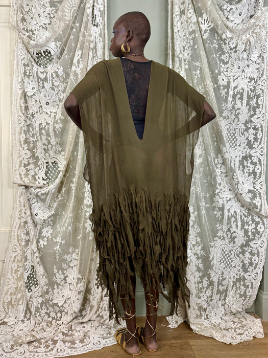 Felly, kaki chiffon kaftan with frayed ribbon work