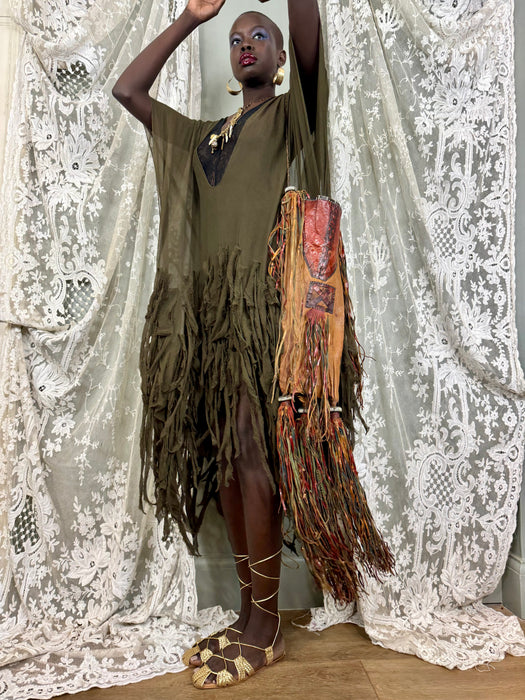 Felly, kaki chiffon kaftan with frayed ribbon work