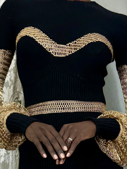 Alexander McQueen, black knit and gold net dress