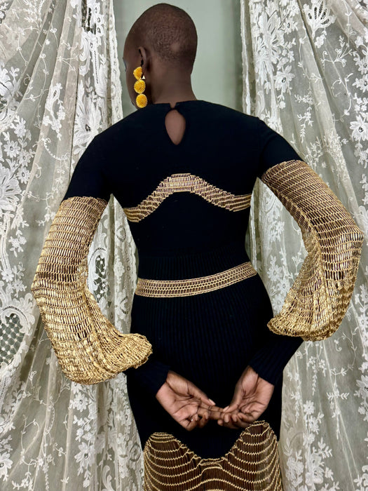 Alexander McQueen, black knit and gold net dress