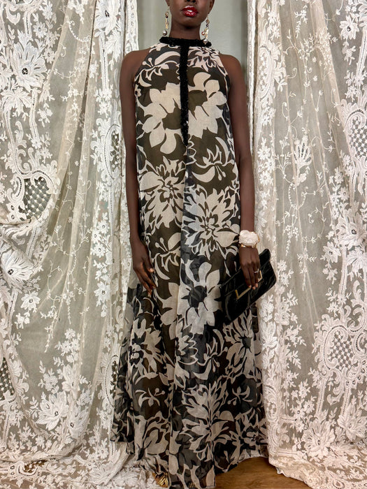 Frank Usher, 70s floral beaded gown