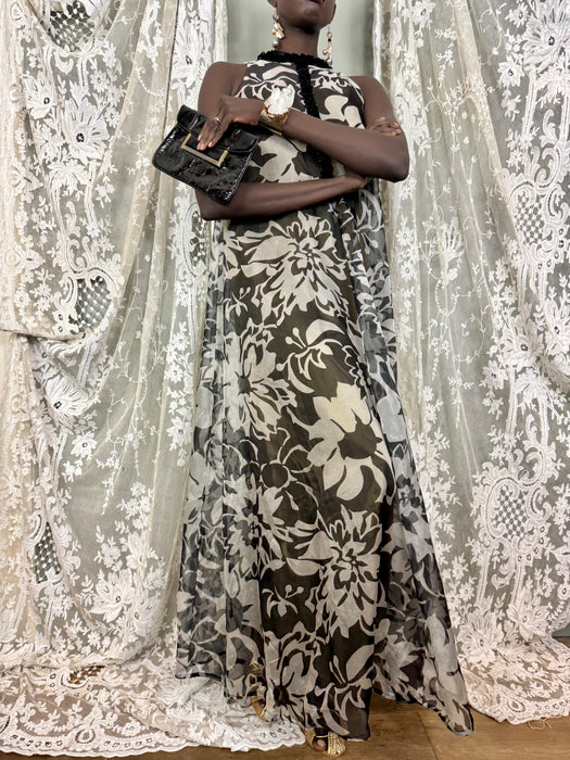 Frank Usher, 70s floral beaded gown