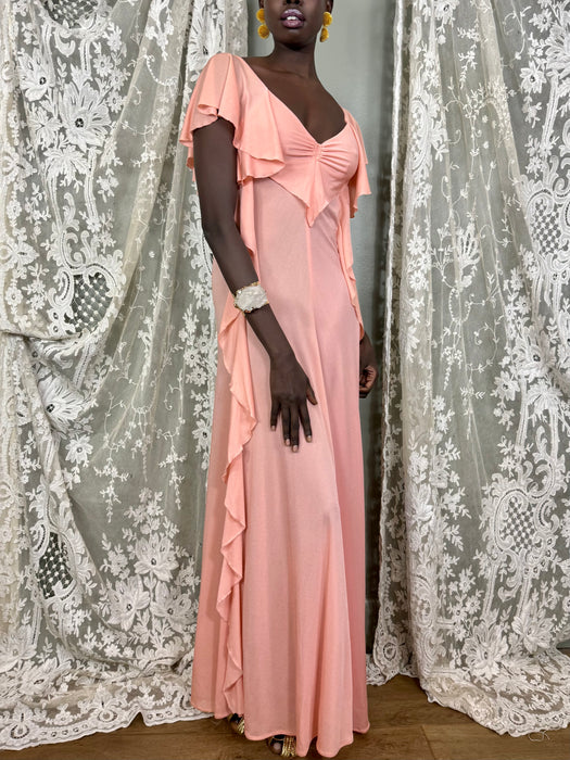 Martha, 70s pink silk jersey ruffle dress