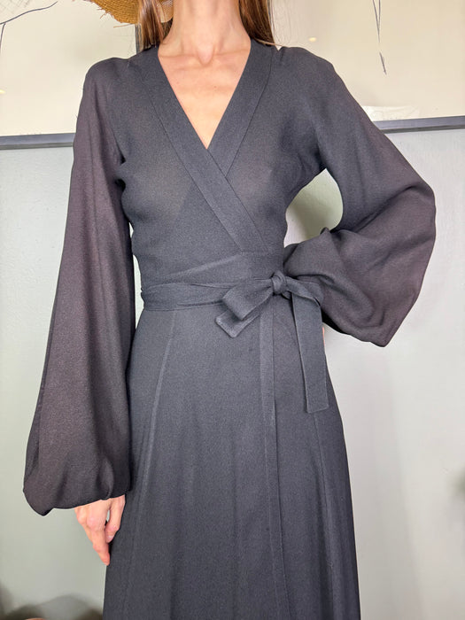 Ossie Clark, 70s black crepe wrap over dress