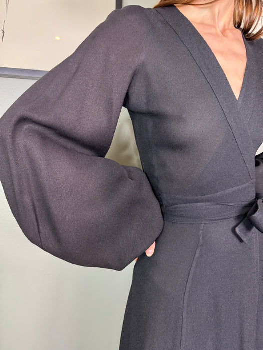 Ossie Clark, 70s black crepe wrap over dress