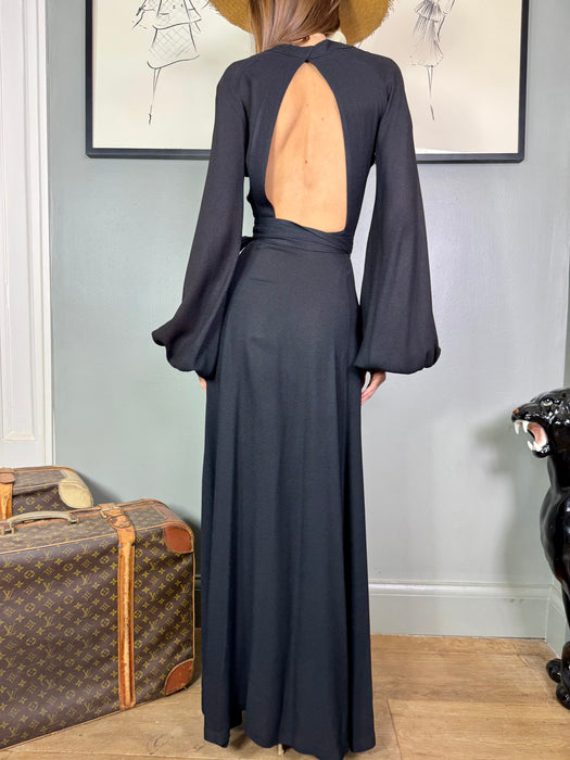 Ossie Clark, 70s black crepe wrap over dress