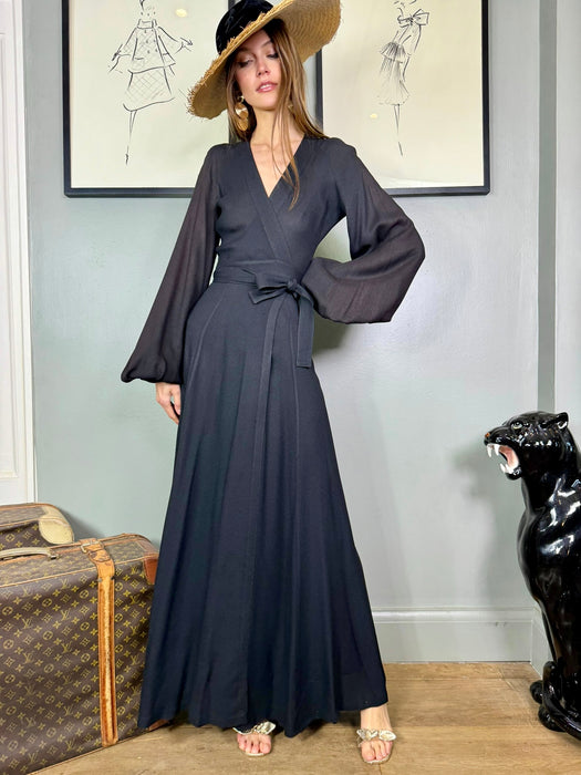 Ossie Clark, 70s black crepe wrap over dress