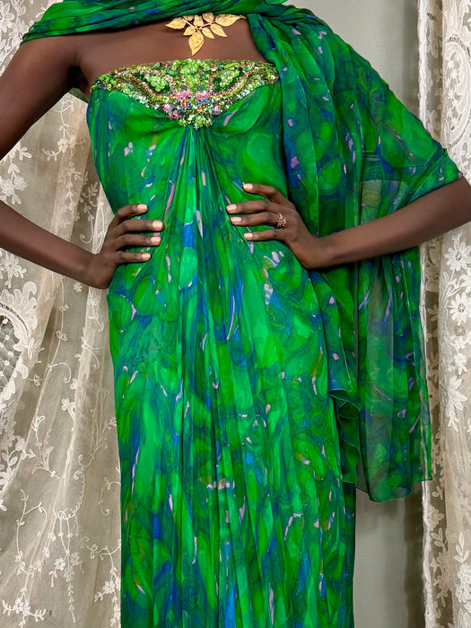 Akua, 60s green watercolour beaded dress and stole