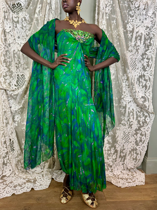 Akua, 60s green watercolour beaded dress and stole