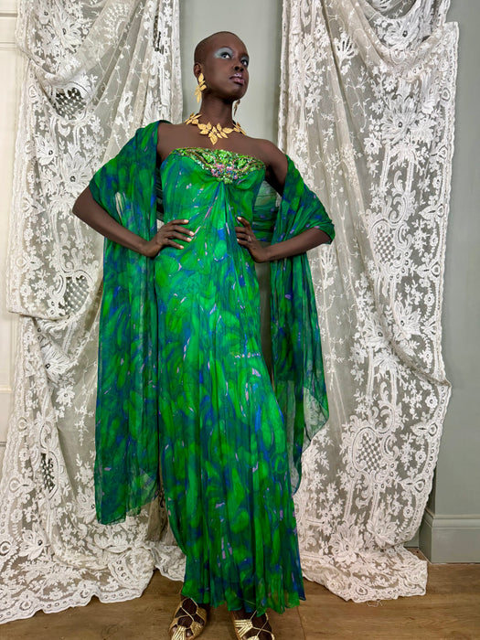 Akua, 60s green watercolour beaded dress and stole