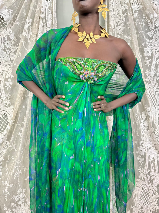 Akua, 60s green watercolour beaded dress and stole