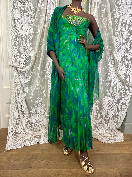 Akua, 60s green watercolour beaded dress and stole