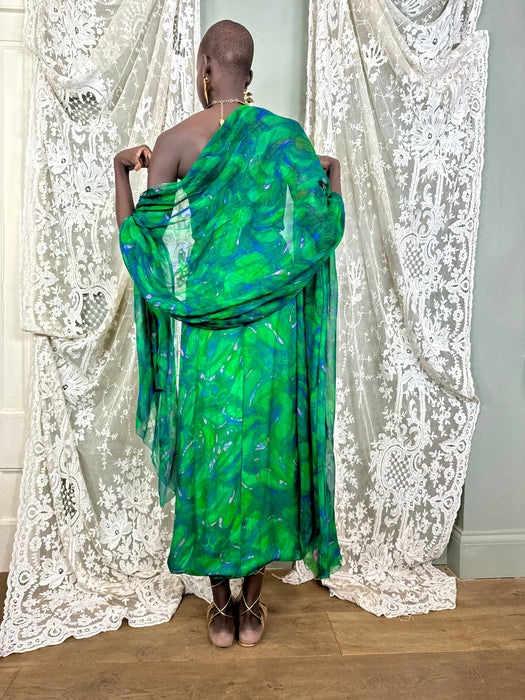 Akua, 60s green watercolour beaded dress and stole