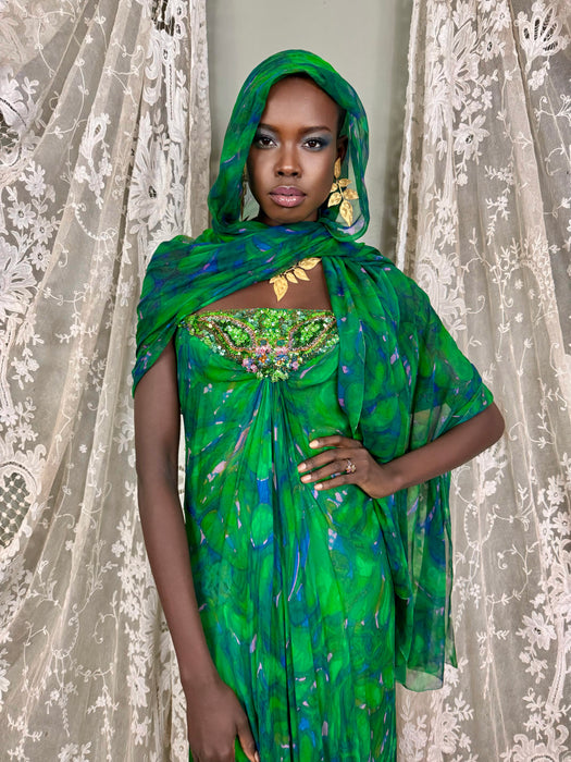 Akua, 60s green watercolour beaded dress and stole