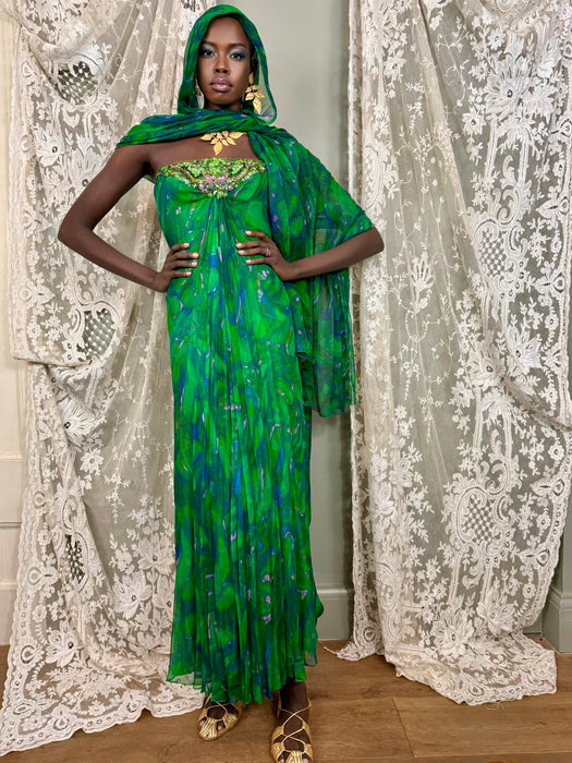 Akua, 60s green watercolour beaded dress and stole