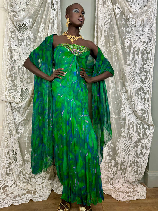 Akua, 60s green watercolour beaded dress and stole