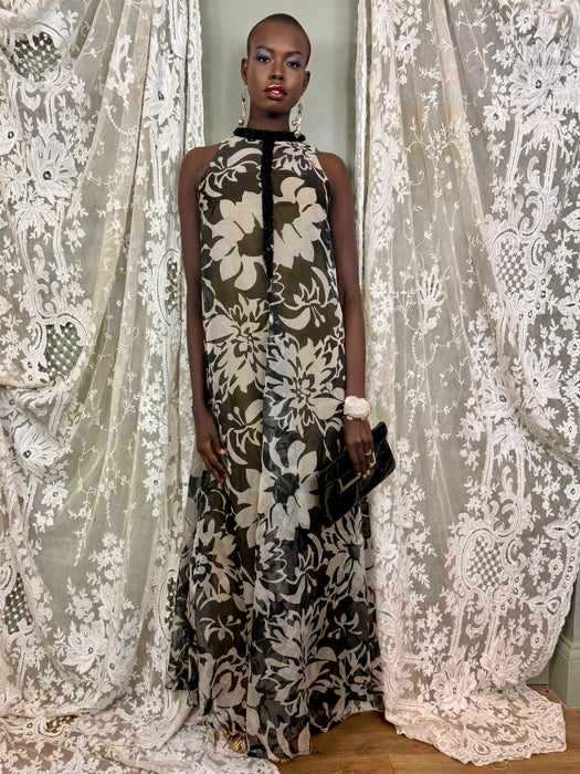 Frank Usher, 70s floral beaded gown