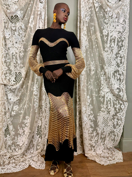 Alexander McQueen, black knit and gold net dress