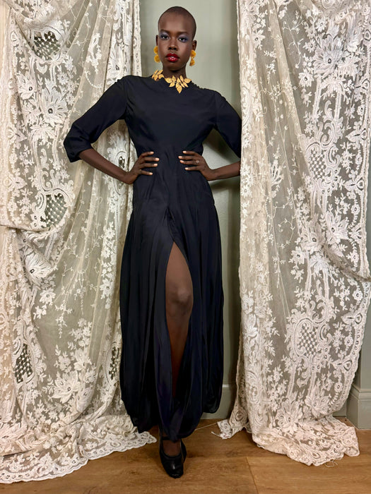 Jil Sanders, 80s black silk slit dress